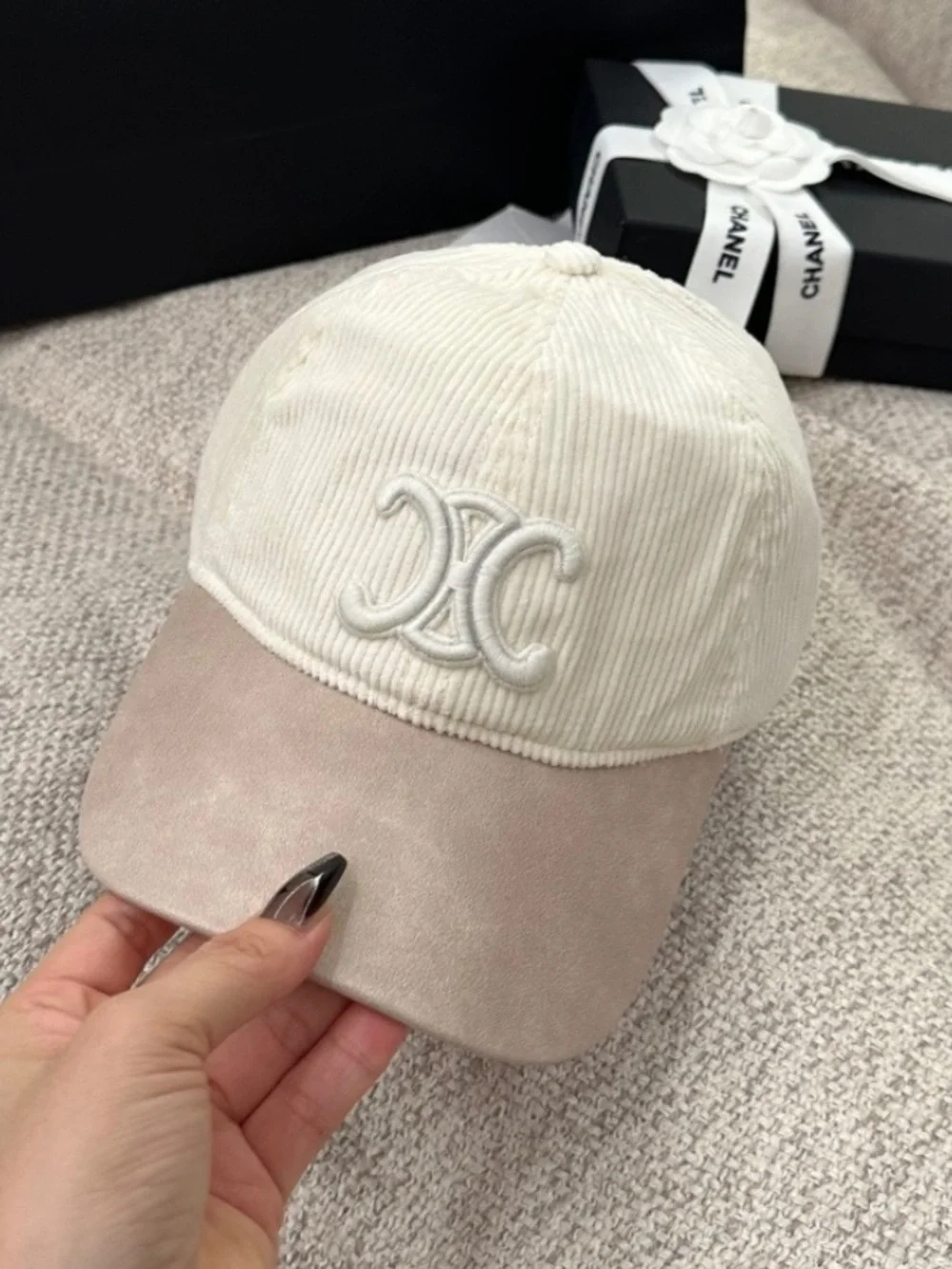 Celine. Off White Corduroy Triomphe. Baseball Hat Cap